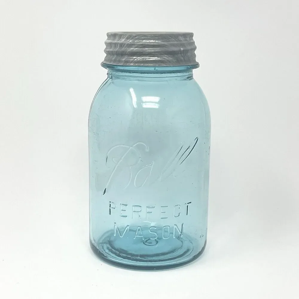 Vintage Blue Aqua Ball Perfect Mason Jar #0 Quart Zinc Lid 6.75”